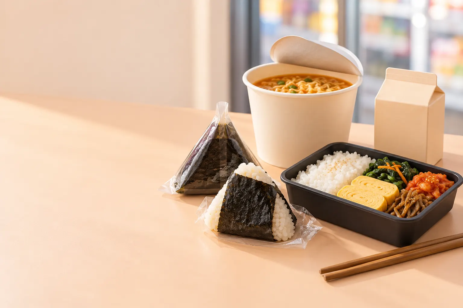 AI-generated example image, not a photo of real products: two unbranded triangle rice balls, a paper cup of noodles, a dosirak tray with rice and side dishes, and a small milk carton on a light wooden table.